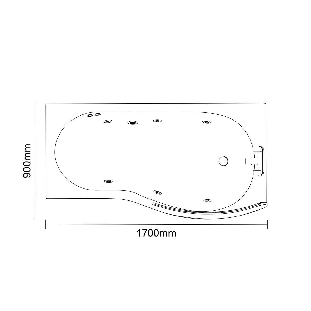 Bayou 1700mm 6 Jet Chrome Flat Jet Right Hand B Shaped Whirlpool Shower Bath With Bath Screen And Front Bath Panel - Image 6