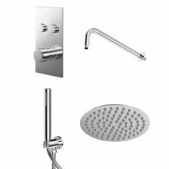 Circo Polished Chrome Concealed Push Button Twin Thermostatic Shower Valve Including Round Fixed Shower Head And Round Shower Outlet Holder With Kit - 2 Outlet