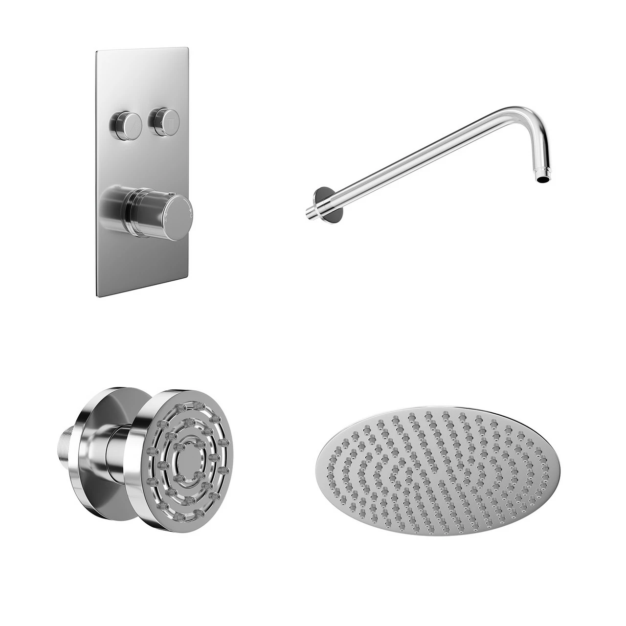 Circo Polished Chrome Concealed Push Button Twin Thermostatic Shower Valve With Round Fixed Shower Head And Body Jets - 2 Outlet - Image 3
