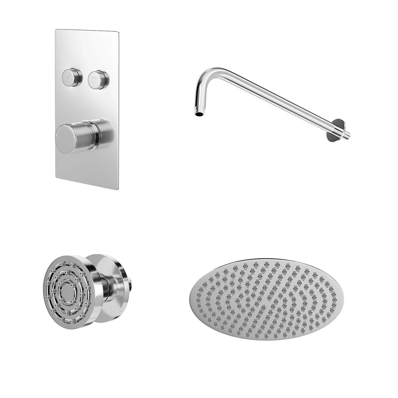 Circo Polished Chrome Concealed Push Button Twin Thermostatic Shower Valve With Round Fixed Shower Head And Body Jets - 2 Outlet