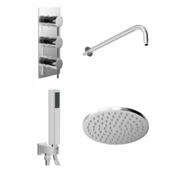 Circo Polished Chrome Triple Thermostatic Valve Mixer Shower With Round Fixed Head And Square Handset Outlet Holder - 2 Outlet -Bathroom Products Sales Store circo polished chrome triple thermostatic valve mixer shower with round fixed head and square handset outlet holder left 36433.1652445393