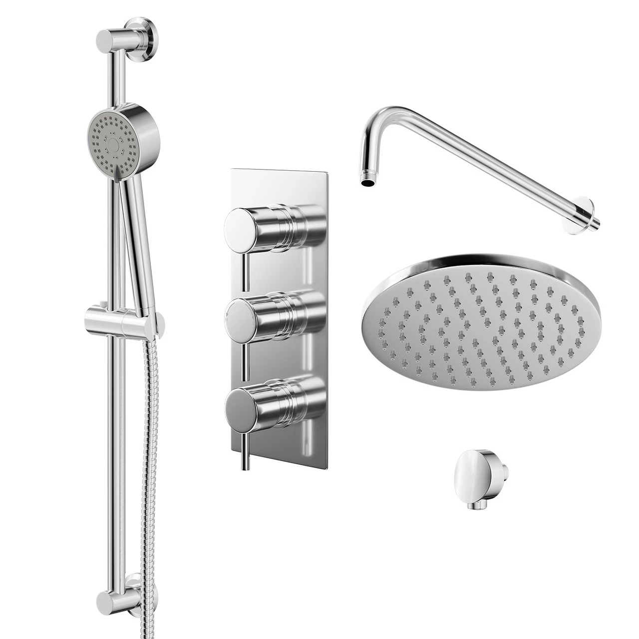 Windsor. Circo Polished Chrome Triple Thermostatic Valve Mixer Shower With Round Fixed Head And Tyne Shower Slide Rail Kit - 2 Outlet 3 Windsor. Circo Polished Chrome Triple Thermostatic Valve Mixer Shower With Round Fixed Head And Tyne Shower Slide Rail Kit - 2 Outlet