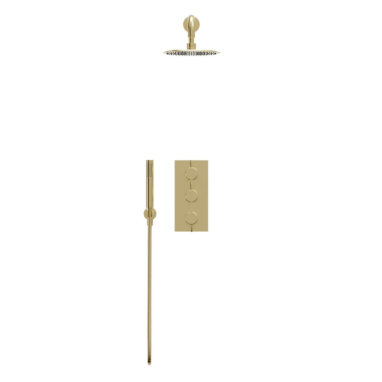 Colore Brushed Brass Triple Thermostatic Valve Mixer Shower Including 200mm Round Fixed Shower Head With Wall Arm And Round Shower Outlet Holder With Kit - 2 Outlet 4 Colore Brushed Brass Triple Thermostatic Valve Mixer Shower Including 200mm Round Fixed Shower Head With Wall Arm And Round Shower Outlet Holder With Kit - 2 Outlet - Image 2
