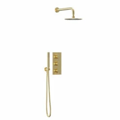 Colore Brushed Brass Triple Thermostatic Valve Mixer Shower Including 200mm Round Fixed Shower Head With Wall Arm And Round Shower Outlet Holder With Kit - 2 Outlet 7 Colore Brushed Brass Triple Thermostatic Valve Mixer Shower Including 200mm Round Fixed Shower Head With Wall Arm And Round Shower Outlet Holder With Kit - 2 Outlet -Bathroom Products Sales Store colore brushed brass triple thermostatic valve mixer shower including 200mm round fixed shower head with wall arm and round shower outlet holder with kit left 08596.1652445039