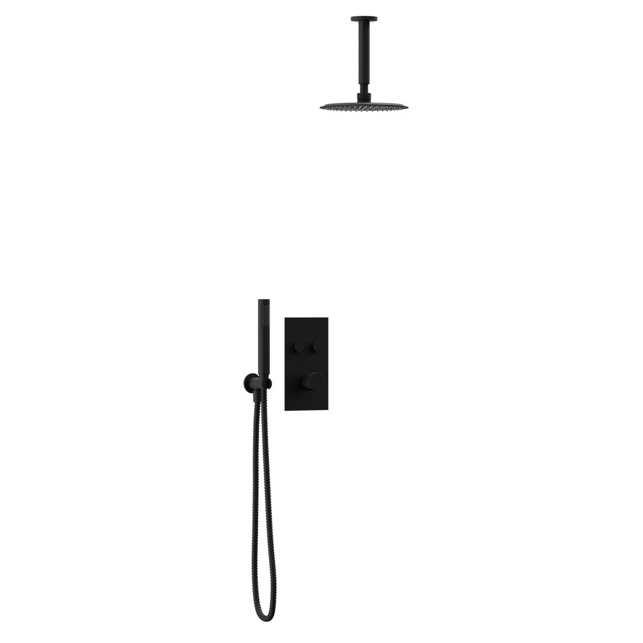 Colore Matt Black Concealed Push Button Twin Thermostatic Shower Valve Including 200mm Round Fixed Shower Head With Ceiling Arm And Round Shower Outlet Holder With Kit - 2 Outlet 5 Colore Matt Black Concealed Push Button Twin Thermostatic Shower Valve Including 200mm Round Fixed Shower Head With Ceiling Arm And Round Shower Outlet Holder With Kit - 2 Outlet - Image 3