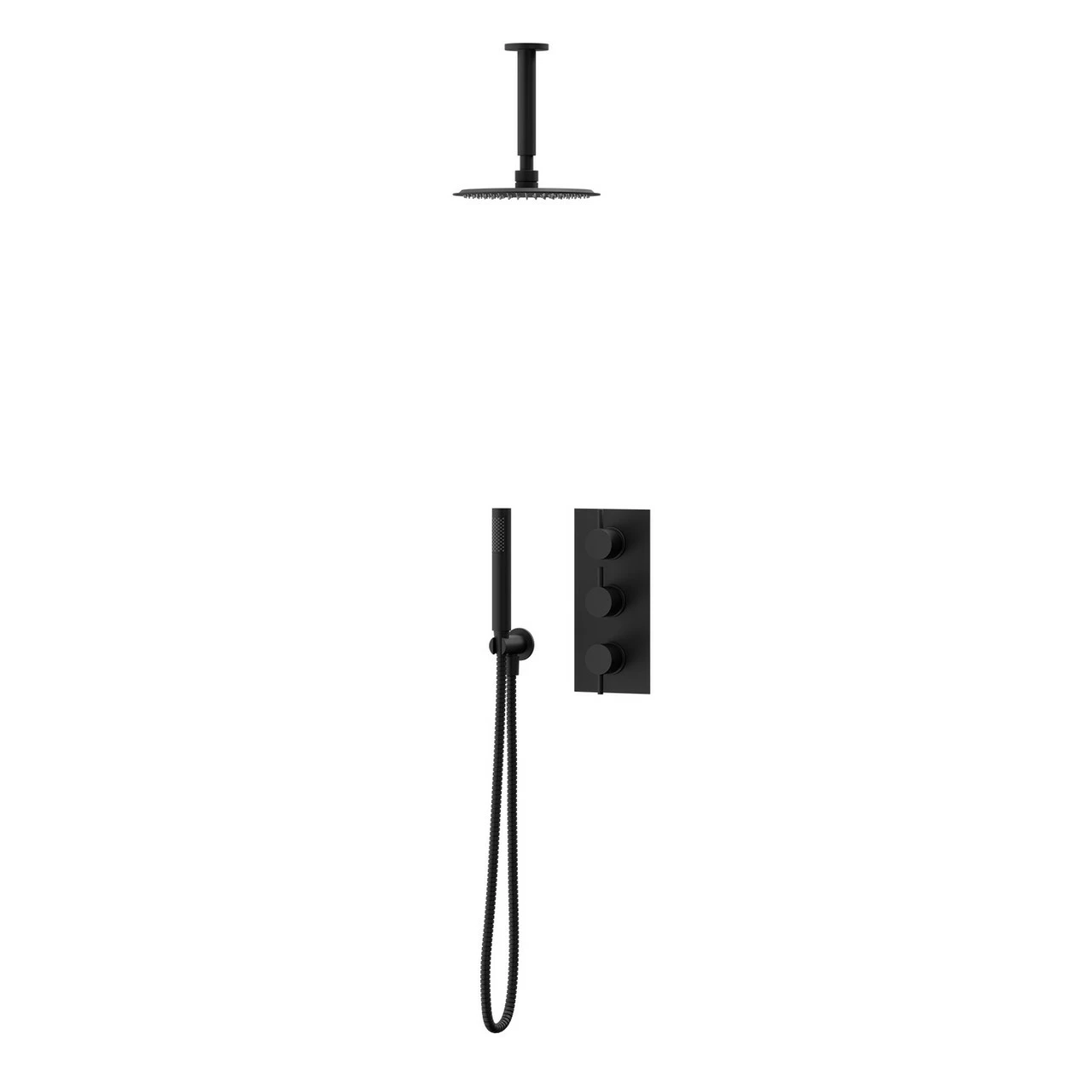 Colore Matt Black Triple Thermostatic Valve Mixer Shower Including 200mm Round Fixed Shower Head With Ceiling Arm And Round Shower Outlet Holder With Kit - 2 Outlet 3 Colore Matt Black Triple Thermostatic Valve Mixer Shower Including 200mm Round Fixed Shower Head With Ceiling Arm And Round Shower Outlet Holder With Kit - 2 Outlet