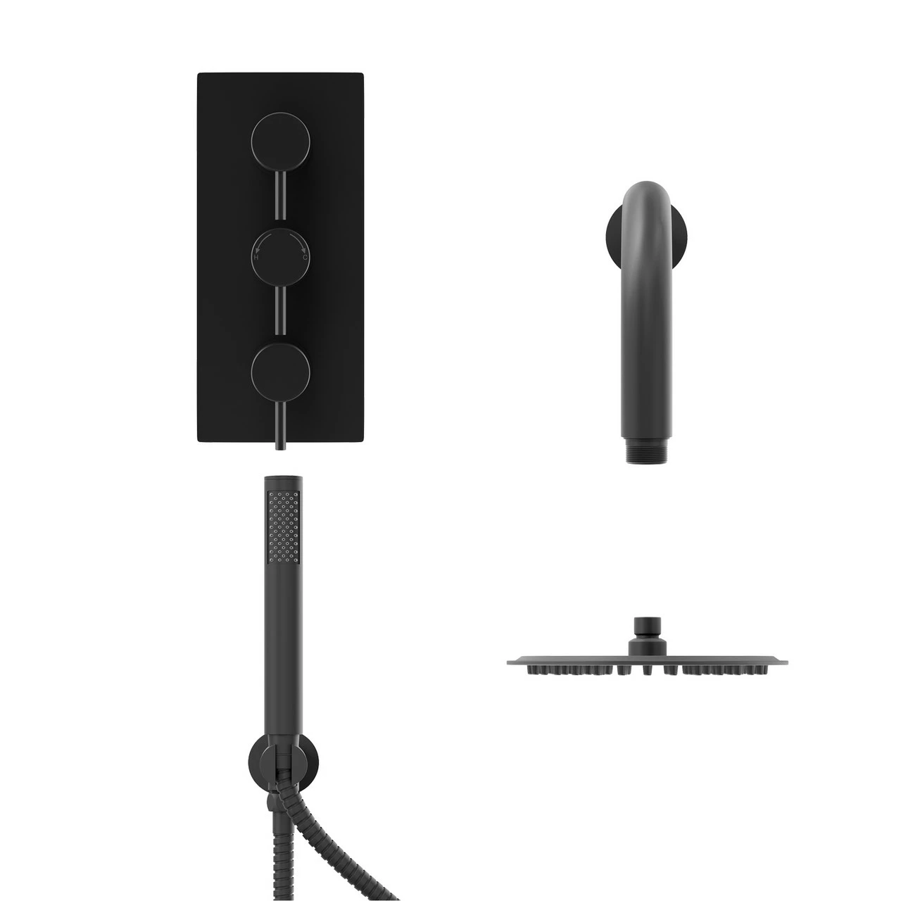 Colore Matt Black Triple Thermostatic Valve Mixer Shower With Round Fixed Head And Round Handset Outlet Holder - 2 Outlet 3 Colore Matt Black Triple Thermostatic Valve Mixer Shower With Round Fixed Head And Round Handset Outlet Holder - 2 Outlet - Image 2