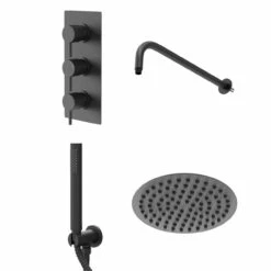 Colore Matt Black Triple Thermostatic Valve Mixer Shower With Round Fixed Head And Round Handset Outlet Holder - 2 Outlet