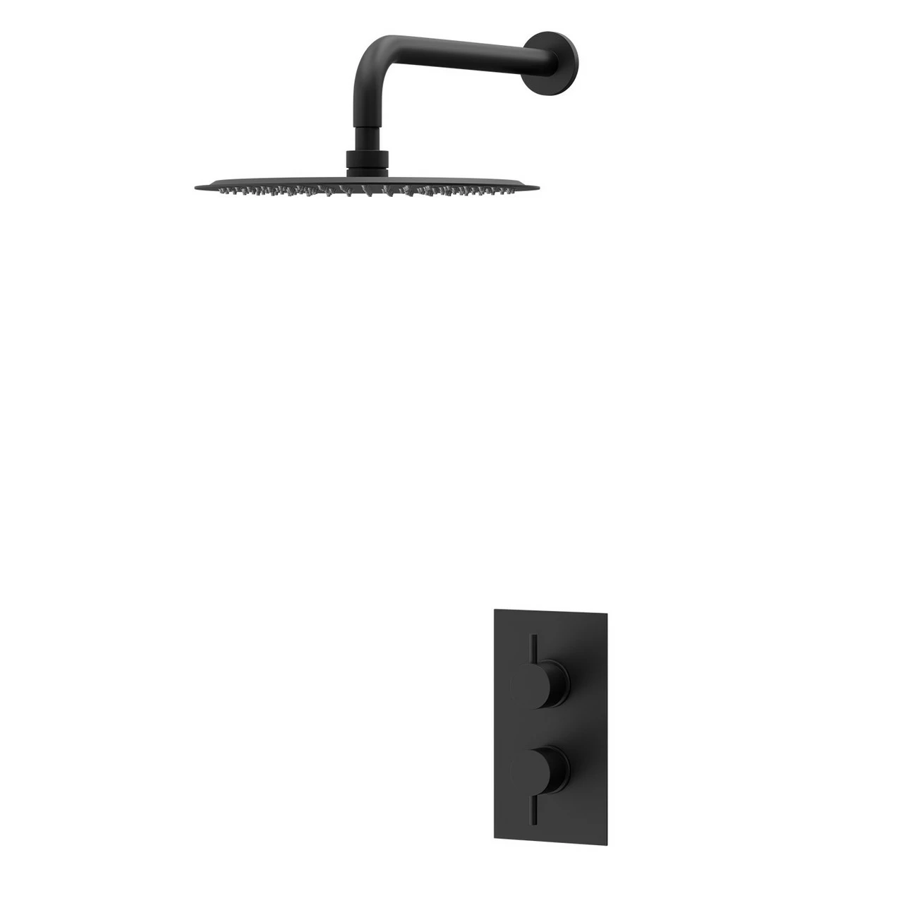 Colore Matt Black Twin Thermostatic Valve Mixer Shower With 300mm Round Fixed Shower Head And Wall Arm - 1 Outlet 3 Colore Matt Black Twin Thermostatic Valve Mixer Shower With 300mm Round Fixed Shower Head And Wall Arm - 1 Outlet