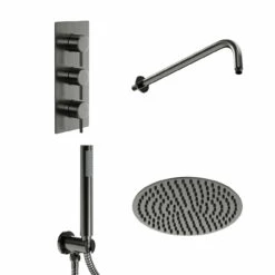 Colore Round Gunmetal Grey Concealed Triple Thermostatic Valve Mixer Shower Including 200mm Fixed Shower Head With Wall Arm And Shower Outlet Holder With Kit - 2 Outlet -Bathroom Products Sales Store colore round gunmetal grey concealed triple thermostatic valve mixer shower including 200mm fixed shower head with wall arm and shower outlet holder with kit left 59010.1672833242