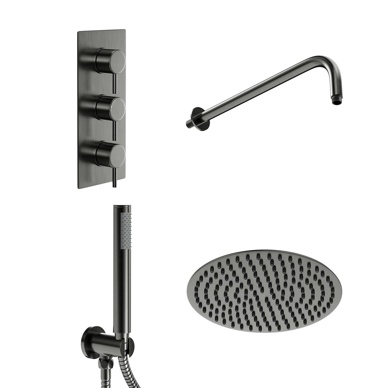 Colore Round Gunmetal Grey Concealed Triple Thermostatic Valve Mixer Shower Including 200mm Fixed Shower Head With Wall Arm And Shower Outlet Holder With Kit - 2 Outlet - Image 3