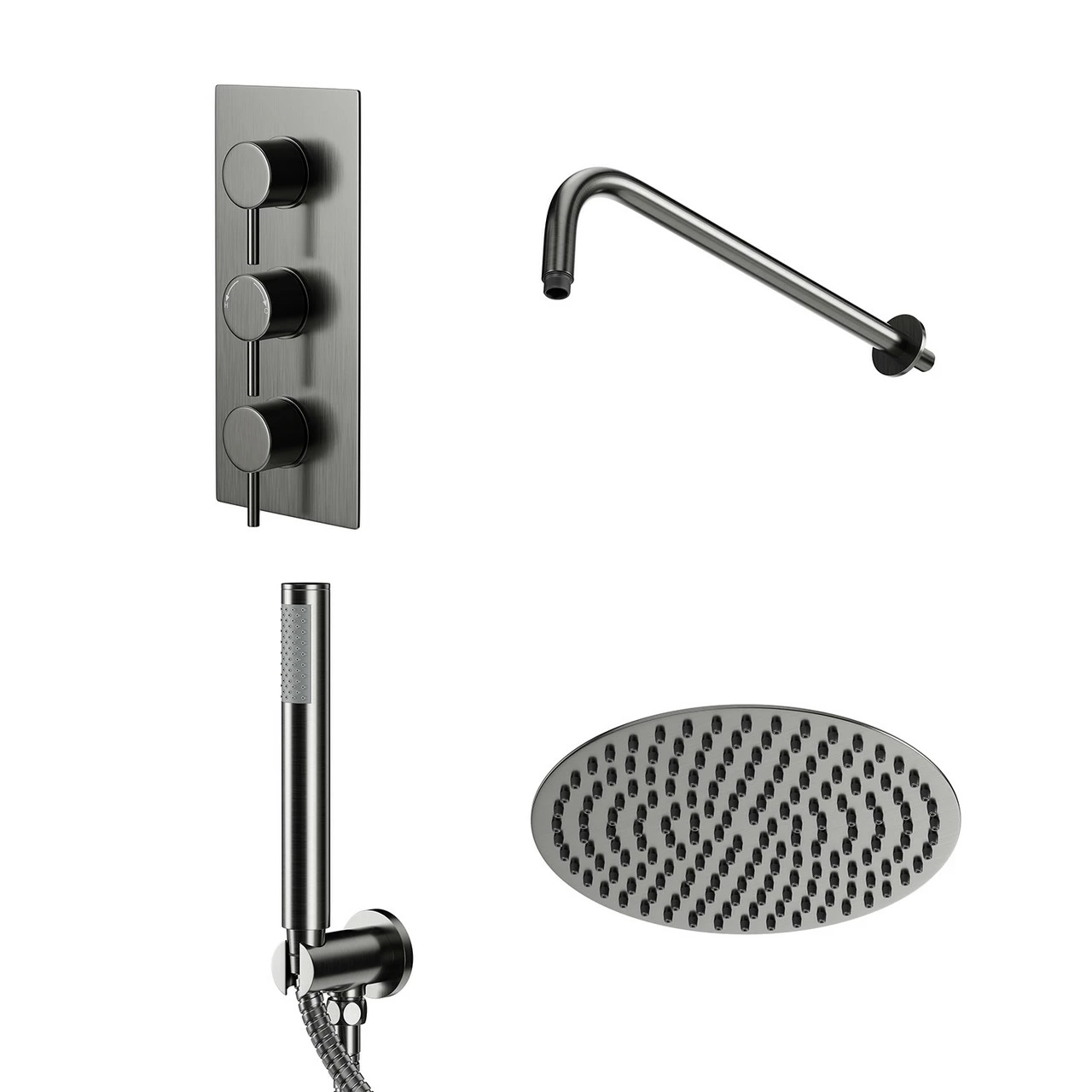 Colore Round Gunmetal Grey Concealed Triple Thermostatic Valve Mixer Shower Including 200mm Fixed Shower Head With Wall Arm And Shower Outlet Holder With Kit - 2 Outlet