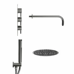 Colore Round Gunmetal Grey Concealed Triple Thermostatic Valve Mixer Shower Including 200mm Fixed Shower Head With Wall Arm And Shower Outlet Holder With Kit - 2 Outlet -Bathroom Products Sales Store colore round gunmetal grey concealed triple thermostatic valve mixer shower including 200mm fixed shower head with wall arm and shower outlet holder with kit side 15881.1672833242