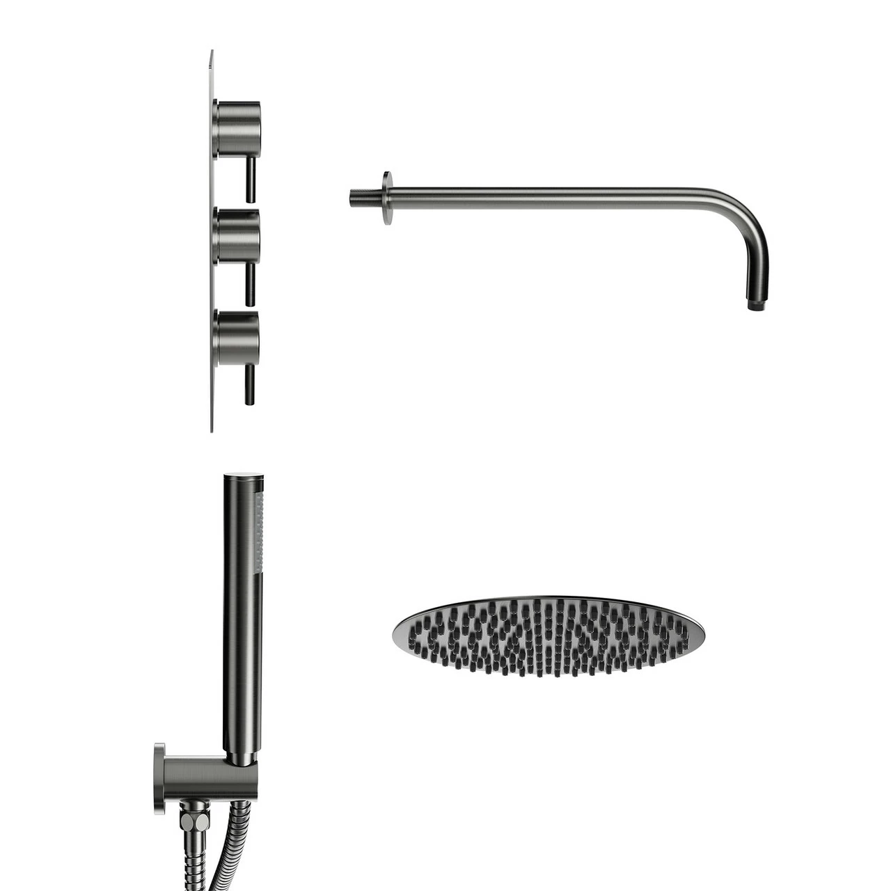 Colore Round Gunmetal Grey Concealed Triple Thermostatic Valve Mixer Shower Including 200mm Fixed Shower Head With Wall Arm And Shower Outlet Holder With Kit - 2 Outlet - Image 4