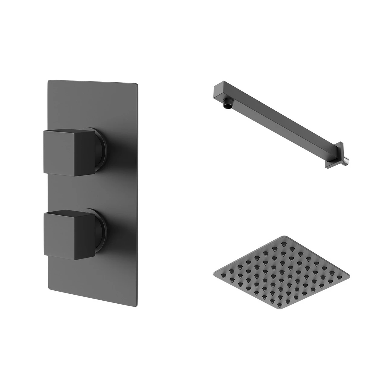 Colore Square Matt Black Concealed Twin Thermostatic Shower Valve With Square Fixed Head And Wall Arm - 1 Outlet 3 Colore Square Matt Black Concealed Twin Thermostatic Shower Valve With Square Fixed Head And Wall Arm - 1 Outlet