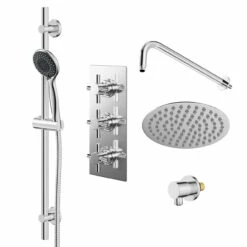 Windsor. Cross Polished Chrome Concealed Triple Thermostatic Shower Valve And 200mm Thin Round Fixed Head With Wall Arm And Clyde Slide Rail Kit With Round Elbow - 2 Outlet