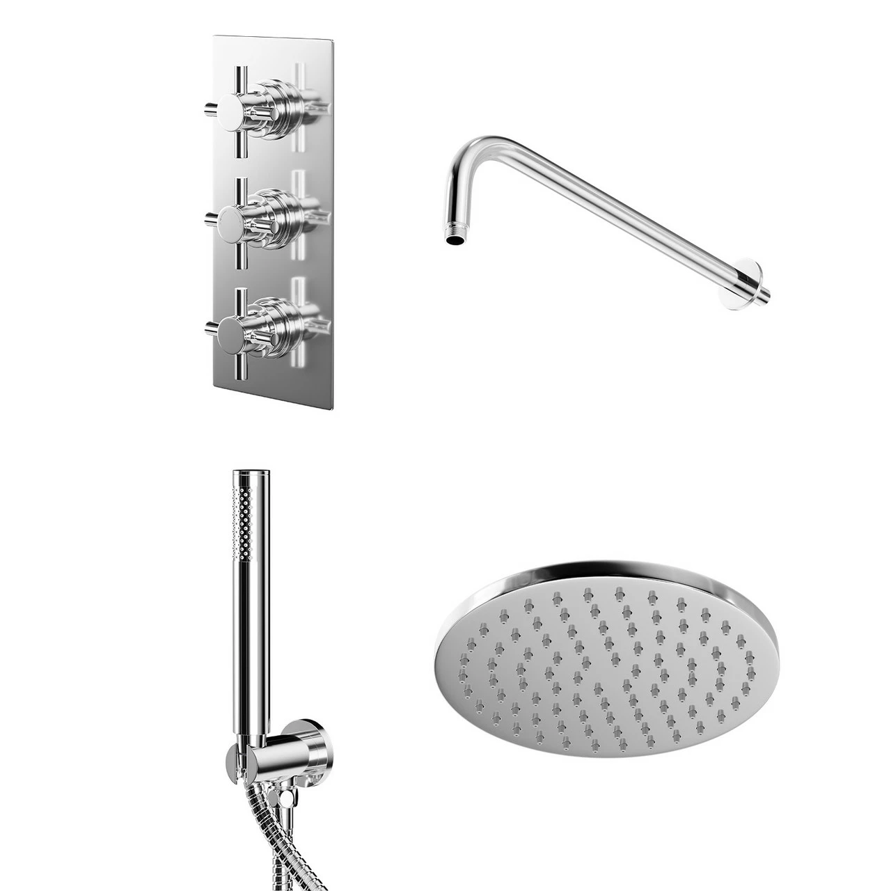 Cross Polished Chrome Triple Thermostatic Valve Mixer Shower With Round Fixed Head And Round Handset Outlet Holder - 2 Outlet 3 Cross Polished Chrome Triple Thermostatic Valve Mixer Shower With Round Fixed Head And Round Handset Outlet Holder - 2 Outlet