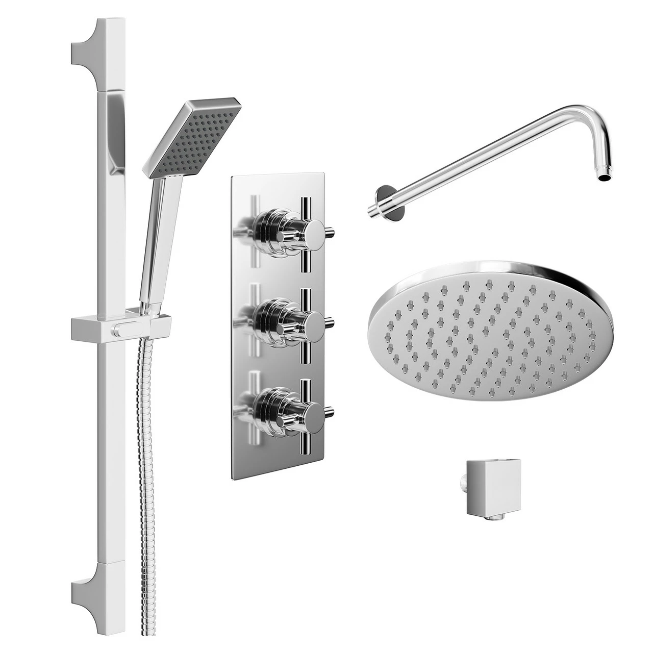 Windsor. Cross Polished Chrome Triple Thermostatic Valve Mixer Shower With Round Fixed Head And Severn Shower Slide Rail Kit - 2 Outlet - Image 3