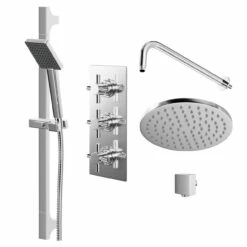 Windsor. Cross Polished Chrome Triple Thermostatic Valve Mixer Shower With Round Fixed Head And Severn Shower Slide Rail Kit - 2 Outlet