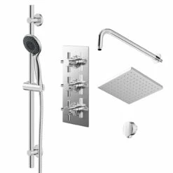 Windsor. Cross Polished Chrome Triple Thermostatic Valve Mixer Shower With Square Fixed Head And Clyde Shower Slide Rail Kit - 2 Outlet