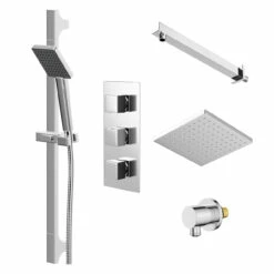 Windsor. Cubix Polished Chrome Triple Thermostatic Shower Valve And 200mm Square Fixed Head With Wall Arm And Severn Shower Slide Rail Kit With Round Elbow - 2 Outlet