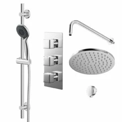 Cubix Polished Chrome Triple Thermostatic Valve Mixer Shower With Round Fixed Head And Clyde Shower Slide Rail Kit - 2 Outlet