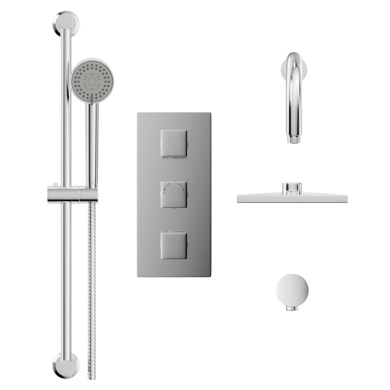 Cubix Polished Chrome Triple Thermostatic Valve Mixer Shower With Square Fixed Head And Tyne Shower Slide Rail Kit - 2 Outlet 4 Cubix Polished Chrome Triple Thermostatic Valve Mixer Shower With Square Fixed Head And Tyne Shower Slide Rail Kit - 2 Outlet - Image 2