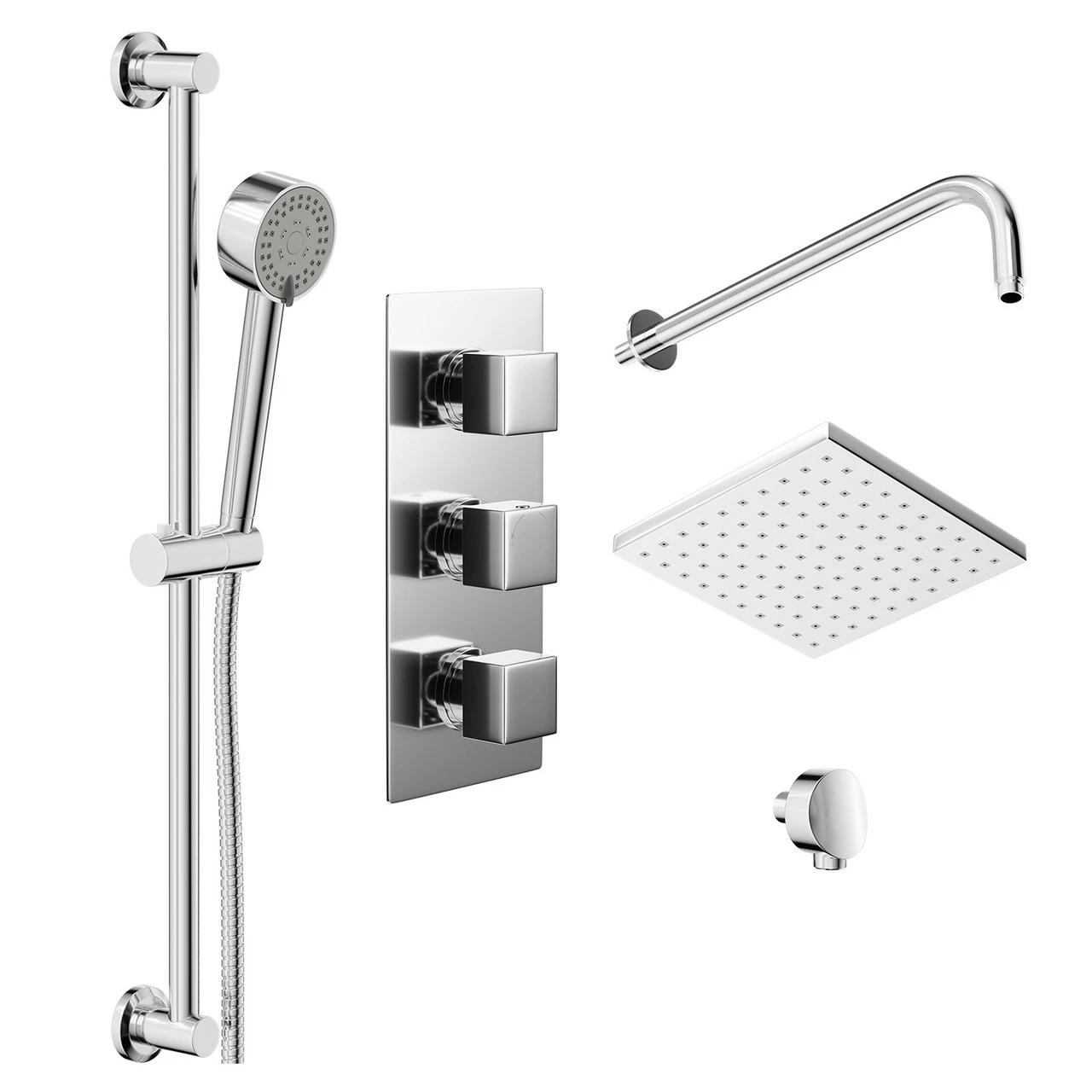 Cubix Polished Chrome Triple Thermostatic Valve Mixer Shower With Square Fixed Head And Tyne Shower Slide Rail Kit - 2 Outlet 5 Cubix Polished Chrome Triple Thermostatic Valve Mixer Shower With Square Fixed Head And Tyne Shower Slide Rail Kit - 2 Outlet - Image 3