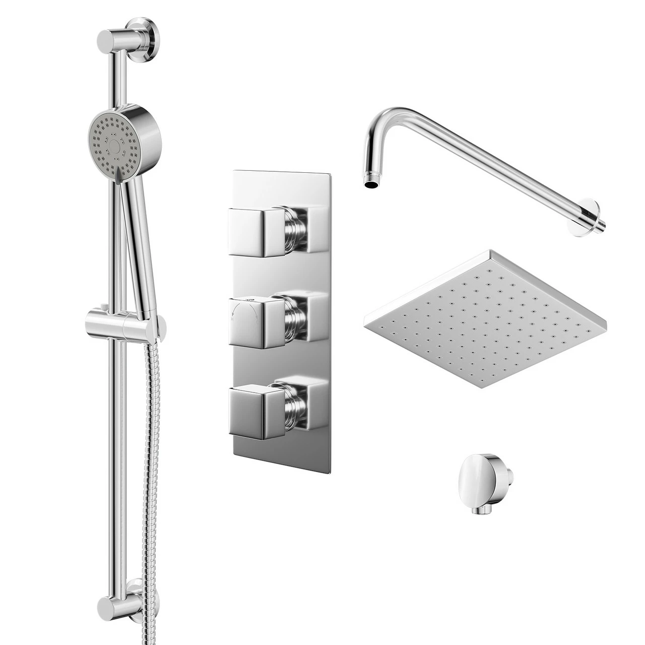 Cubix Polished Chrome Triple Thermostatic Valve Mixer Shower With Square Fixed Head And Tyne Shower Slide Rail Kit - 2 Outlet 3 Cubix Polished Chrome Triple Thermostatic Valve Mixer Shower With Square Fixed Head And Tyne Shower Slide Rail Kit - 2 Outlet