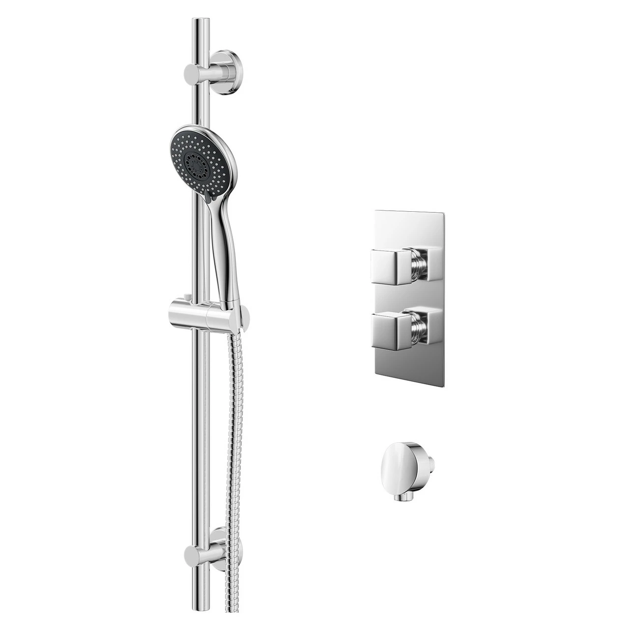Cubix Polished Chrome Twin Thermostatic Valve Mixer Shower With Clyde Slide Rail Kit And Round Shower Elbow - 1 Outlet 3 Cubix Polished Chrome Twin Thermostatic Valve Mixer Shower With Clyde Slide Rail Kit And Round Shower Elbow - 1 Outlet