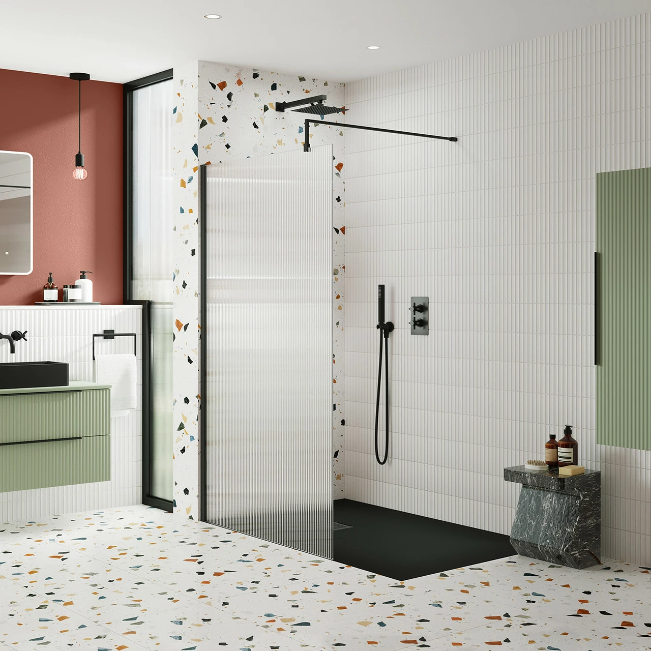 Hudson Reed 1000mm X 1950mm Matt Black Fluted Wetroom Screen With Support Bar - WRFL19510BP 3 Hudson Reed 1000mm X 1950mm Matt Black Fluted Wetroom Screen With Support Bar - WRFL19510BP