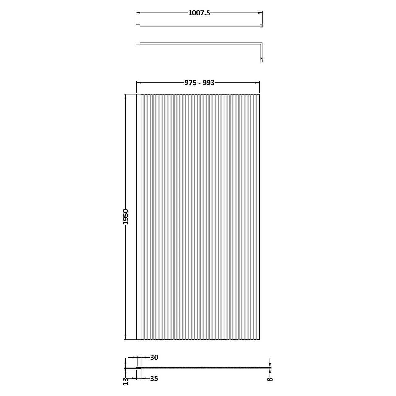 Hudson Reed 1000mm X 1950mm Matt Black Fluted Wetroom Screen With Support Bar - WRFL19510BP 5 Hudson Reed 1000mm X 1950mm Matt Black Fluted Wetroom Screen With Support Bar - WRFL19510BP - Image 3
