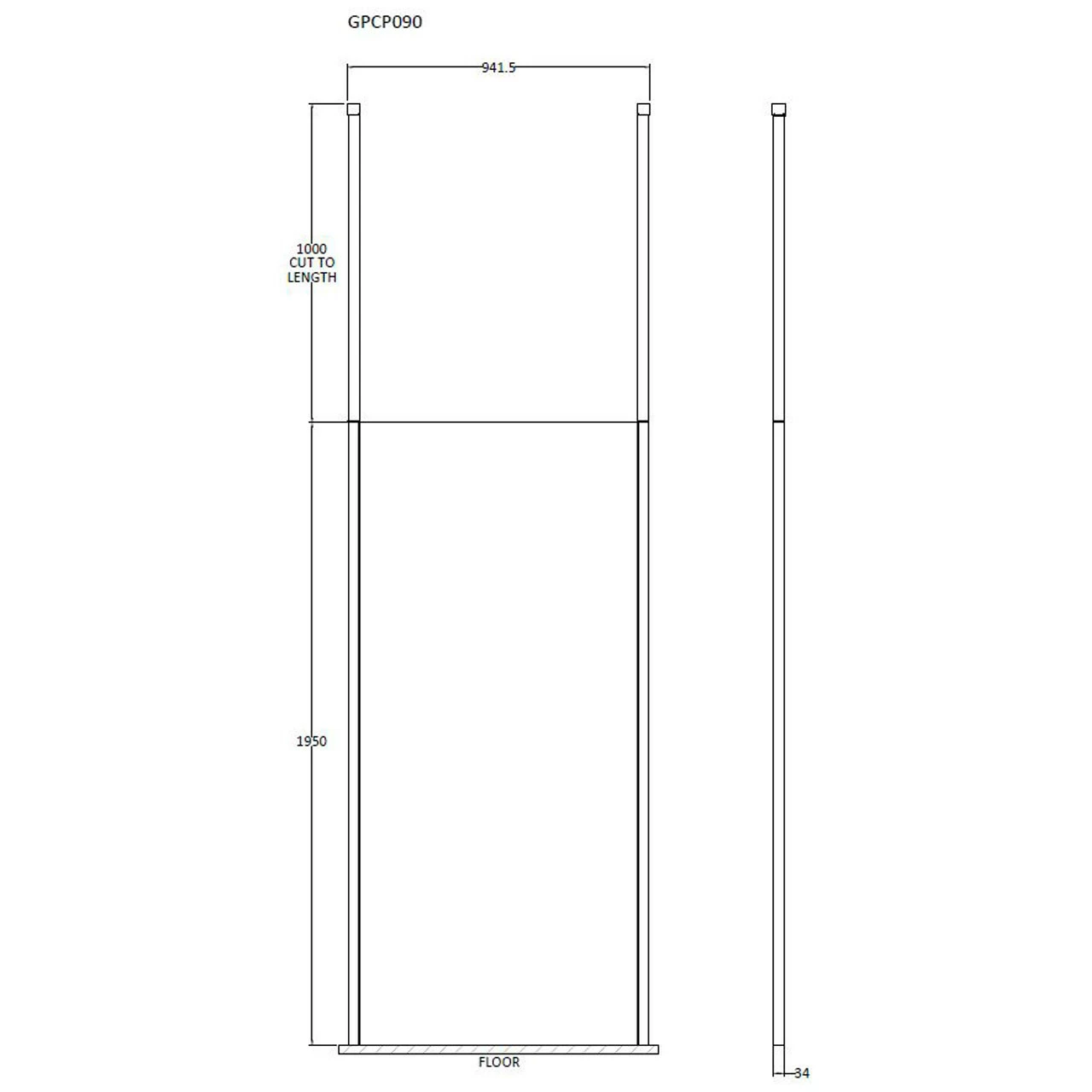 Hudson Reed 900mm Wetroom Screen With Double Chrome Ceiling To Floor Poles - GPCP090 4 Hudson Reed 900mm Wetroom Screen With Double Chrome Ceiling To Floor Poles - GPCP090 - Image 2