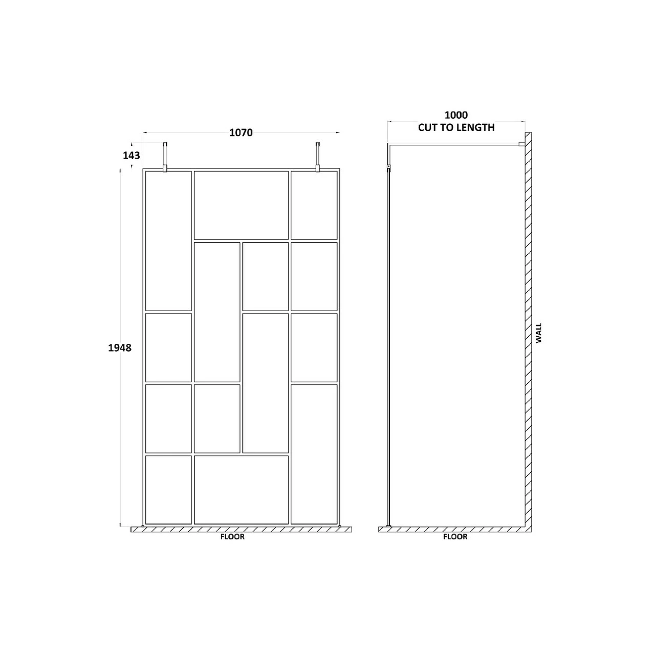 Hudson Reed Abstract 1100mm X 1950mm Matt Black Wetroom Screen With Support Bars And Feet - BFAFB11 4 Hudson Reed Abstract 1100mm X 1950mm Matt Black Wetroom Screen With Support Bars And Feet - BFAFB11 - Image 2