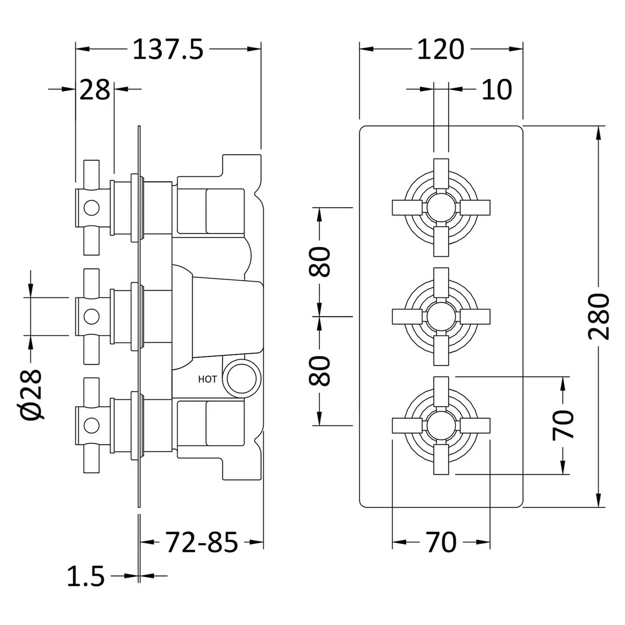 Hudson Reed Brushed Brass Triple Concealed Thermostatic Shower Valve With Diverter - KRI8023 - Image 2