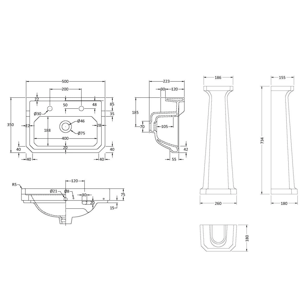 Hudson Reed Richmond 500mm Basin With 2 Tap Holes And Comfort Height Pedestal - CCR031 4 Hudson Reed Richmond 500mm Basin With 2 Tap Holes And Comfort Height Pedestal - CCR031 - Image 2