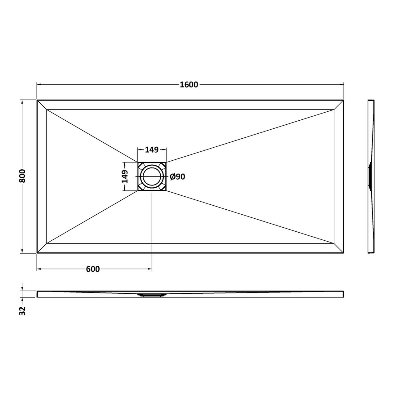 Hudson Reed Slate Black 1600mm X 800mm Rectangular Shower Tray - NLT91053 4 Hudson Reed Slate Black 1600mm X 800mm Rectangular Shower Tray - NLT91053 - Image 2