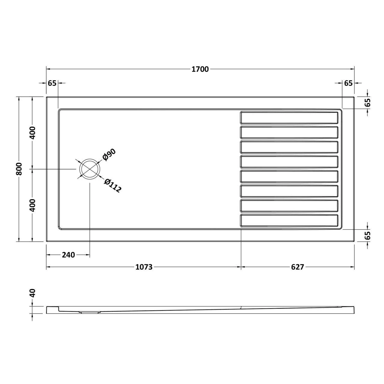 Hudson Reed Slate Grey 1700mm X 800mm Rectangular Walk In Shower Tray With Centre Edge Waste - TR711780 4 Hudson Reed Slate Grey 1700mm X 800mm Rectangular Walk In Shower Tray With Centre Edge Waste - TR711780 - Image 2