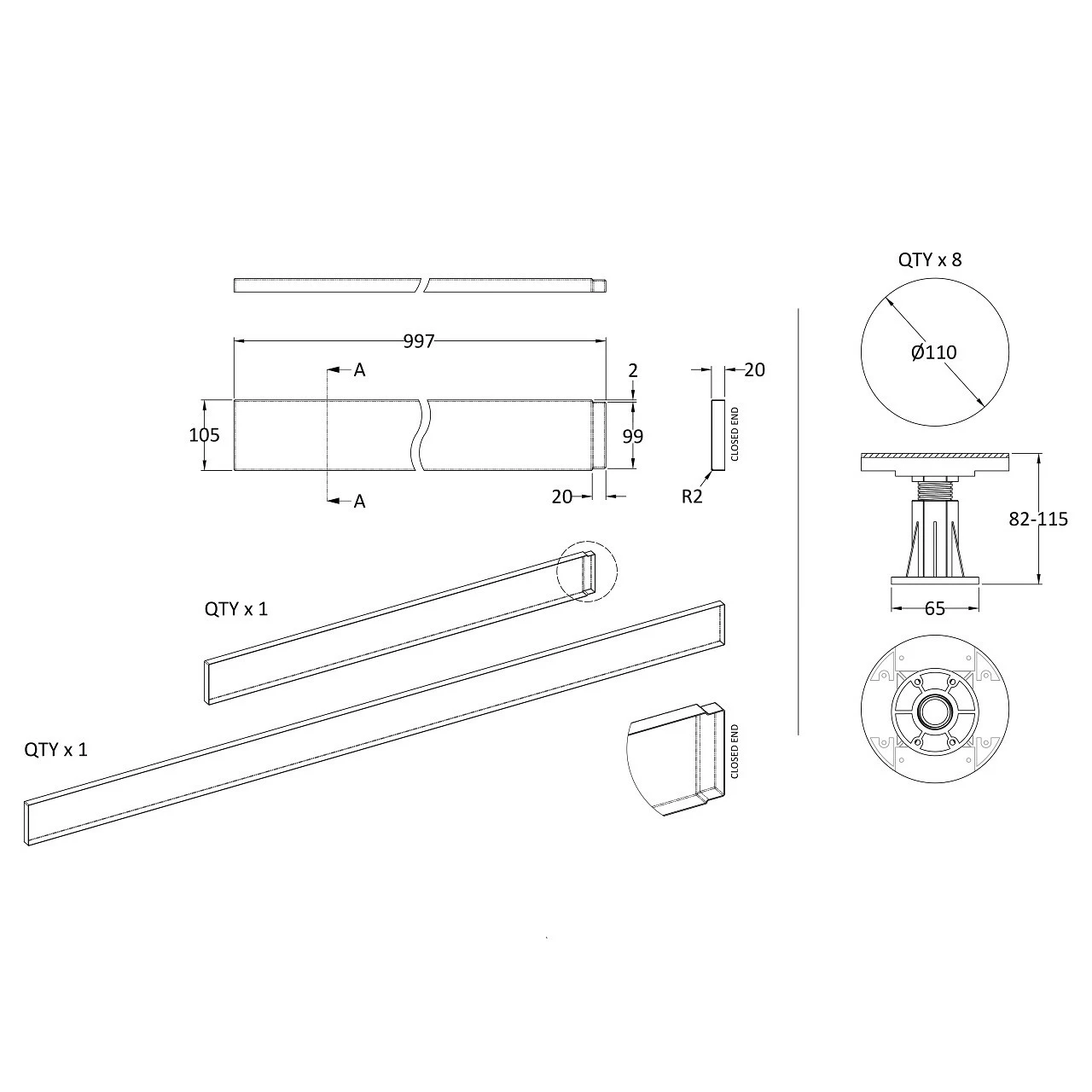 Hudson Reed Slate Grey Leg And Plinth Kit For 1100mm To 1200mm Long Square And Rectangular Shower Trays - LEG3S - Image 2