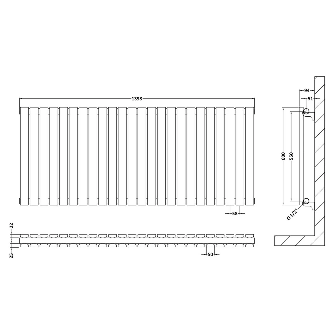 Hudson Reed Sloane Double Panel Radiator 600mm X 1398mm - HLW59D 4 Hudson Reed Sloane Double Panel Radiator 600mm X 1398mm - HLW59D - Image 2