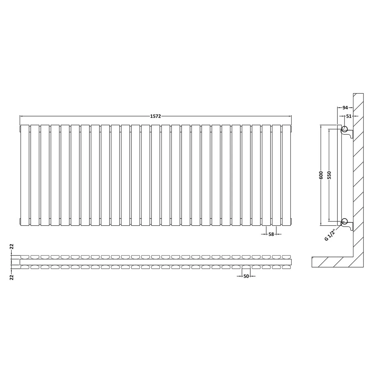 Hudson Reed Sloane Double Panel Radiator 600mm X 1572mm - HLA60D 4 Hudson Reed Sloane Double Panel Radiator 600mm X 1572mm - HLA60D - Image 2