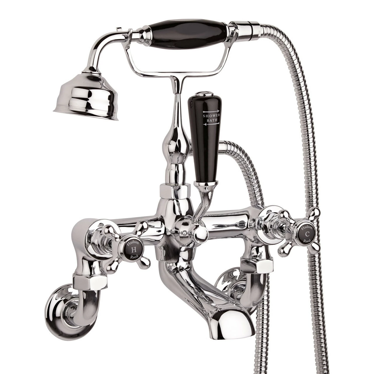 Hudson Reed Topaz Black Crosshead Deck & Wall Mounted Bath And Shower Mixer With Shower Kit With Hex Collar - BC404HX - Image 2