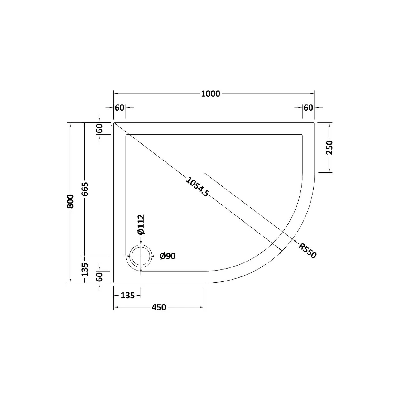 Hudson Reed White 1000mm X 800mm Slip Resistant Right Hand Offset Quadrant Shower Tray - NSR109 4 Hudson Reed White 1000mm X 800mm Slip Resistant Right Hand Offset Quadrant Shower Tray - NSR109 - Image 2