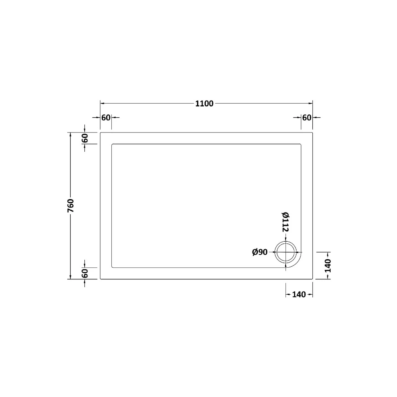 Hudson Reed White 1100mm X 760mm Slip Resistant Rectangular Shower Tray With Corner Waste - NSR017 4 Hudson Reed White 1100mm X 760mm Slip Resistant Rectangular Shower Tray With Corner Waste - NSR017 - Image 2