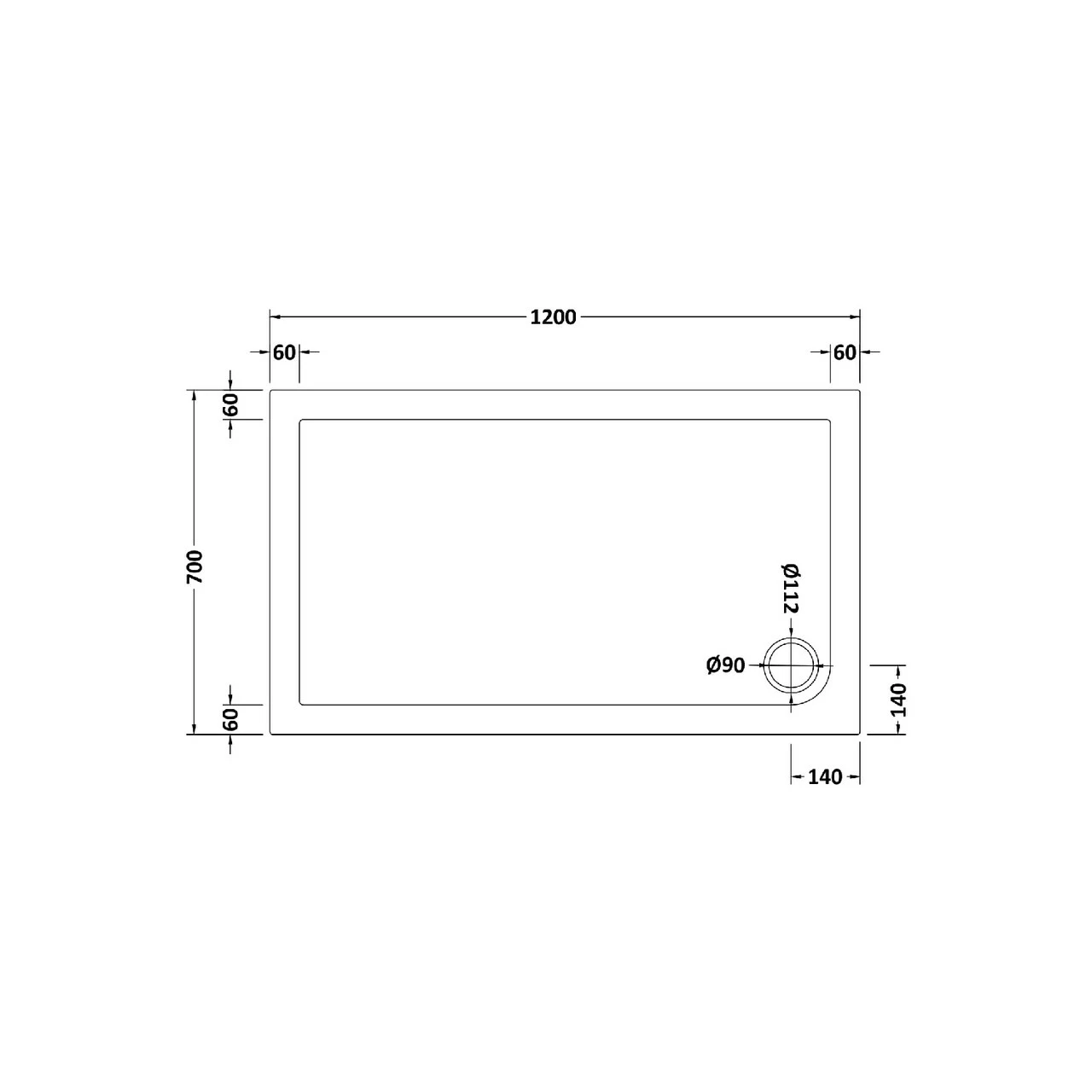 Hudson Reed White 1200mm X 700mm Slip Resistant Rectangular Shower Tray With Corner Waste - NSR011 4 Hudson Reed White 1200mm X 700mm Slip Resistant Rectangular Shower Tray With Corner Waste - NSR011 - Image 2