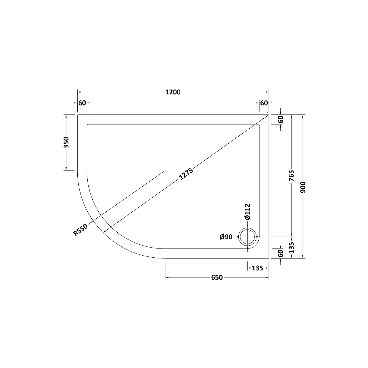Hudson Reed White 1200mm X 900mm Slip Resistant Left Hand Offset Quadrant Shower Tray - NSR114 4 Hudson Reed White 1200mm X 900mm Slip Resistant Left Hand Offset Quadrant Shower Tray - NSR114 - Image 2