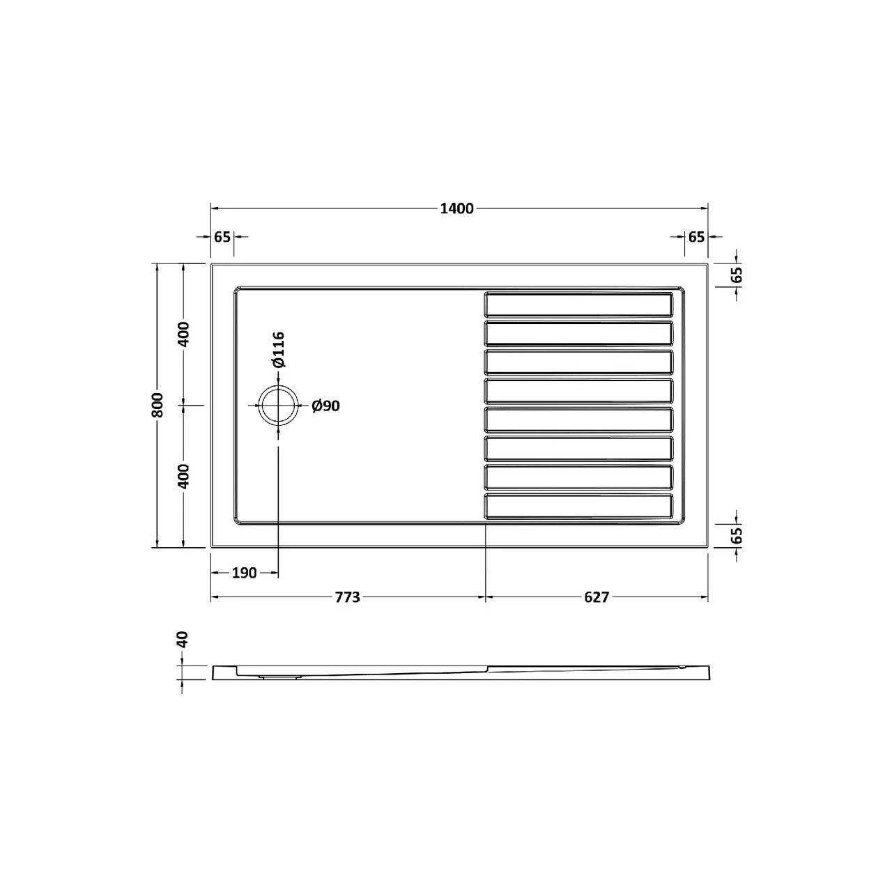 Hudson Reed White 1400mm X 800mm Slip Resistant Walk In Shower Tray With Centre Edge Waste - NSR1480 4 Hudson Reed White 1400mm X 800mm Slip Resistant Walk In Shower Tray With Centre Edge Waste - NSR1480 - Image 2