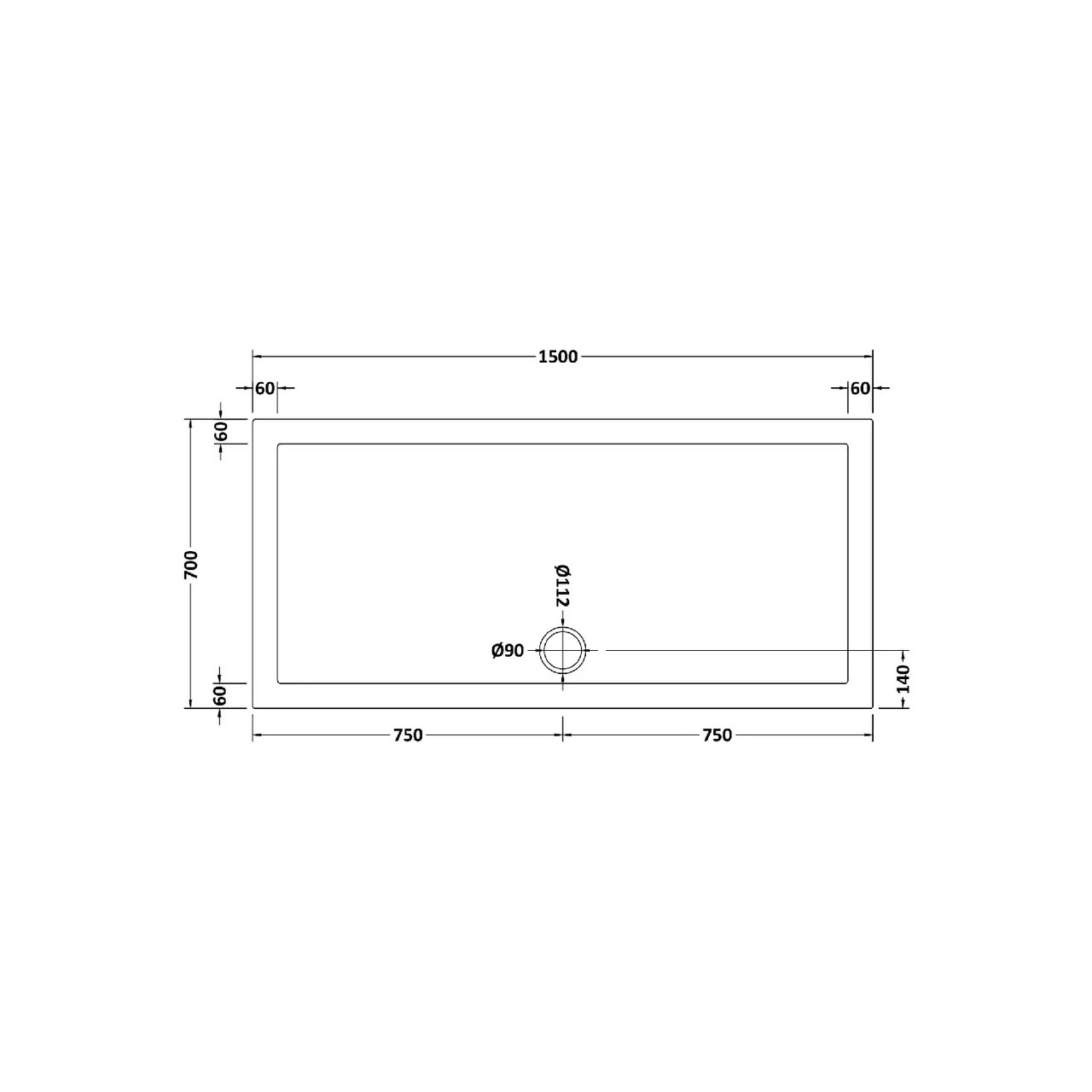 Hudson Reed White 1500mm X 700mm Slip Resistant Rectangular Shower Tray With Centre Edge Waste - NSR041 4 Hudson Reed White 1500mm X 700mm Slip Resistant Rectangular Shower Tray With Centre Edge Waste - NSR041 - Image 2