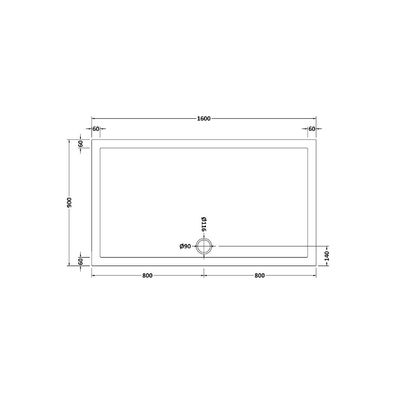 Hudson Reed White 1600mm X 900mm Slip Resistant Rectangular Shower Tray With Centre Edge Waste - NSR054 4 Hudson Reed White 1600mm X 900mm Slip Resistant Rectangular Shower Tray With Centre Edge Waste - NSR054 - Image 2