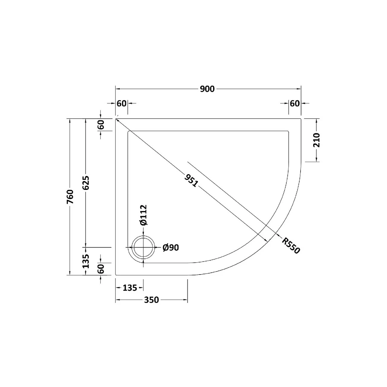 Hudson Reed White 900mm X 760mm Slip Resistant Right Hand Offset Quadrant Shower Tray - NSR102 - Image 2